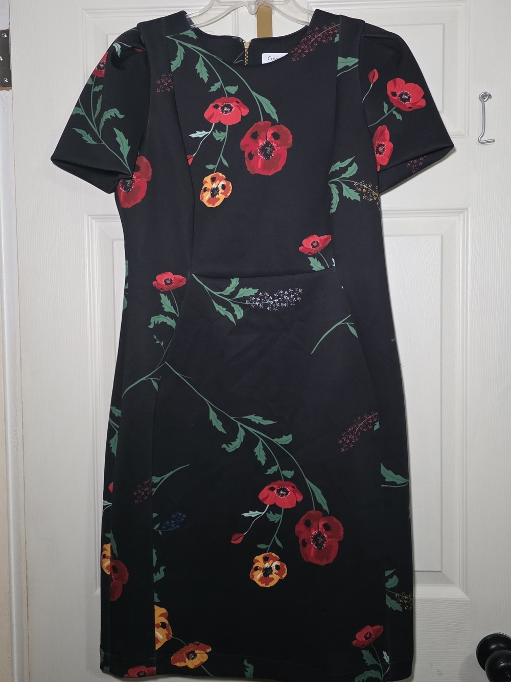 Floral Black Short-Sleeve Sheath Dress with Red Poppies